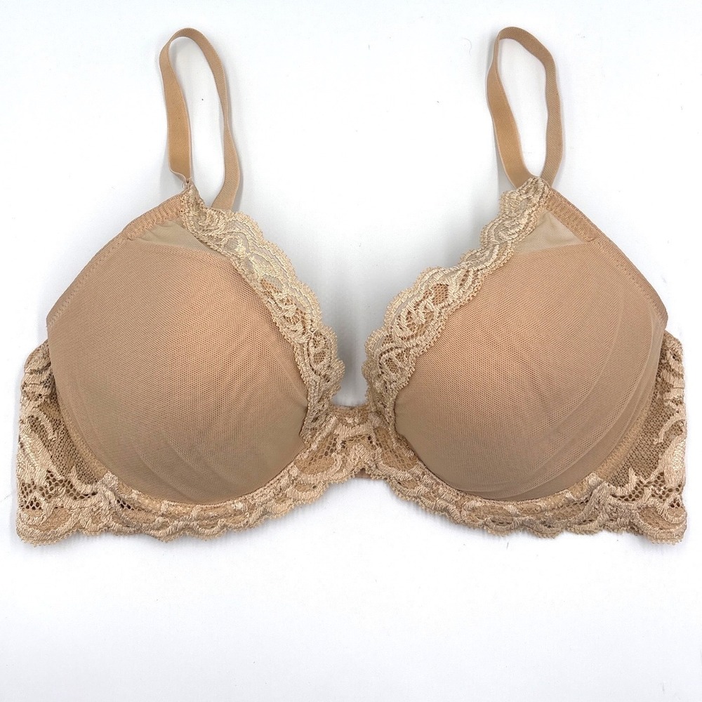 Natori Underwire Bra 36C Beige Romantic Lace Trim Mesh Overlay 730023